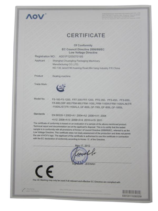 CE - SHANGHAI CHUANGLING PACKAGING MACHINE MANUFACTURING CO. , LTD.