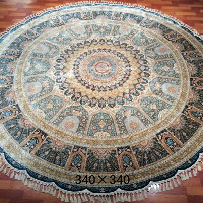 China Large Round Washable Handmade Blue Persian Silk Rugs 11x11ft Turkish Hereke Hand Knotted Area Rugs Indoor Outdoor Flooring Rugs for sale