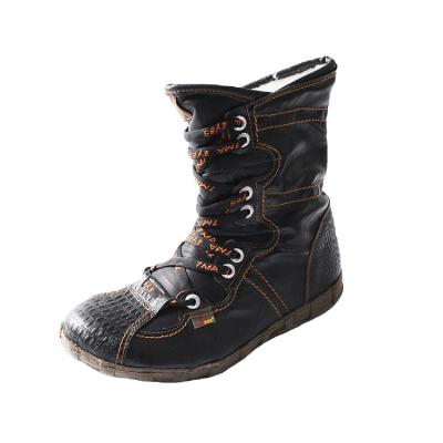 China Round Black Dirt-resistant Leather Snow Boots Heel Flat Comfortable Winter Sport Shoes Women for sale