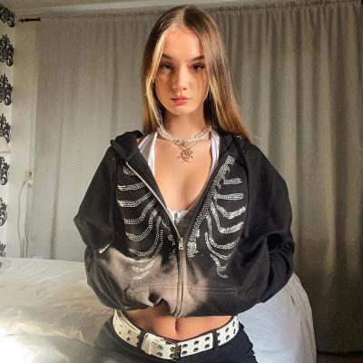 China QUICK DRY Skeleton Rhinestone Zip Up 2021 Summer Goth Grunge Oversized Sweatshirts Women Hoodies Hooded Jacket Streetwear Retro Clothes for sale