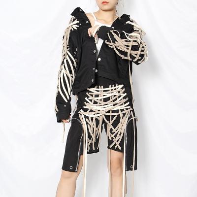 China 2021Cross Anti-wrinkle Bandage Casual Jacket For Women Lapel Long Sleeve Lace Up New Spring Loose Black Female Fashion Coat Tide for sale