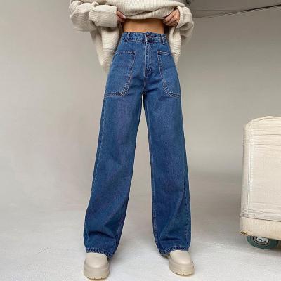 China Women's Breathable Street High Waist Jeans Fashion Bag Casual Hip Wide Leg Jeans Stretch Patch Pocket Straight Leg Jeans for sale