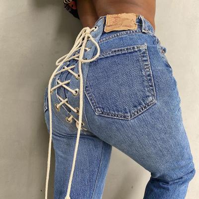 China Breathable Cross Back Bandage Jeans For Women High Waist Lace Up Casual Streetwear Pants Women Jeans Trousers for sale