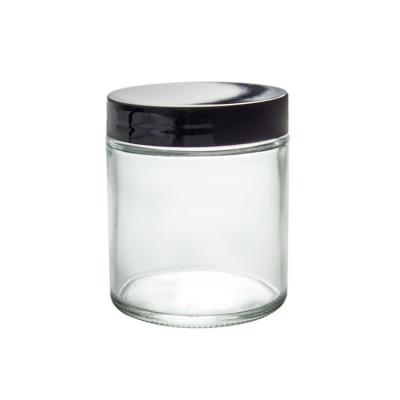 China Sustainable Cylinder Round 8 Oz Clear Glass Jar Straight Sided With Black Lid for sale