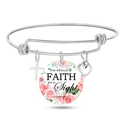 China Religious Expandable Wire Bangle Fashion Bible Charm Inspirational Silver Bracelet With Cross Heart for sale