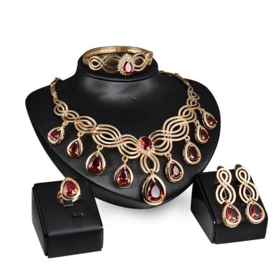 China Romantic Women Fashion Jewelry Sets Luxury Gold Plated Red Crystal Pendant Wedding Bridal African Jewelry Set for sale