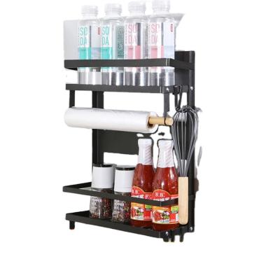 China Wholesale Multifunctional Stainless Steel Refrigerator Folding Shelf Seasoning Double Layer Storage Wall Mounted Racks for sale