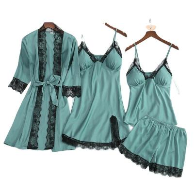 China Wholesale 100% Polyester 4 Pieces Sets Sexy Pajamas Silk Satin Bathrobe Robe Sets Lace Trim Sleepwear For Women for sale