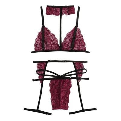 China Women's 100% Polyester Mesh Sexy Underwear Women's Three-Piece Sexy Underwear Lace Up Plus Size Transparent Bra Set for sale