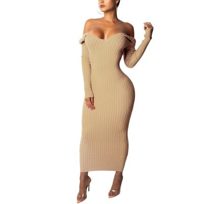 China 2021 Autumn Womens Dress Round Turtleneck Slim Casual Sweater Anti-Static Long Sleeve Stretch Knit Plus Size Dress Mid-Calf Length for sale