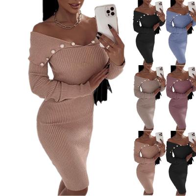 China 2021 Winter Anti-Static Bodycon Long Sleeve V-Neck Ribbed Knit Dress Women Fashion Solid Slim Casual Sweater Dress for sale