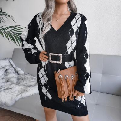 China Women's 2021 autumn anti-static black long-sleeved knitted dress border low-cut sweater waist-controlled dress for sale