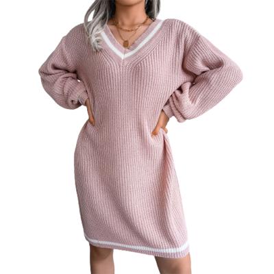 China New Anti-static Winter Sweater Dress Women Below Knee Loose Thick V-Neckline Knit Sweater Dress for sale