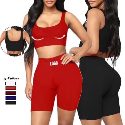 China 2021 Antibacterial Active Vest Gym Wear Women Two Piece Fitness Clothing Set Sleeveless Workout Sets High Waist Short Yoga Set for sale