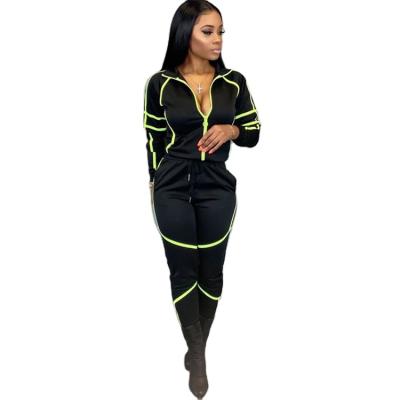 China Breathable Women Fall Two Piece Fashion Sportswear Color Block Long Sleeve Sport Set Turn Down Collar Womens Tracksuits With Zippers for sale