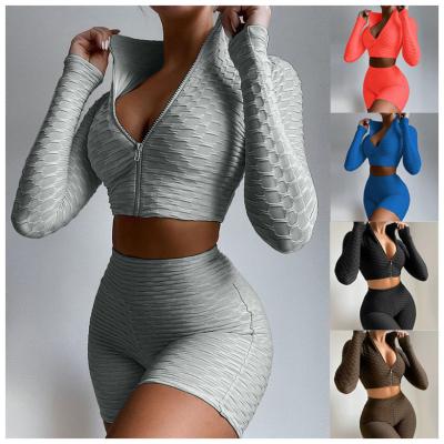 China Fs2491d Breathable Women Zip Up Crop Top And Short Suits Solid Colors Long Sleeve Sportswear Suit Yoga Equipment for sale