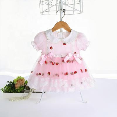 China Lovely Baby Dress Anti-static Children With Bow Strawberry Pattern Summer Lace Princess Baby Party Dress Clothes for sale