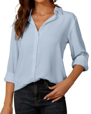 China Women's Breathable Button Down Shirt Blue Classic Long Sleeve Collared Tops Work Office Chiffon Blouse for sale