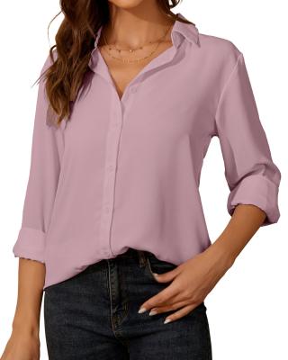 China Women's Breathable Button Down Shirt Classic Long Sleeve Pink Collared Tops Work Office Chiffon Blouse for sale