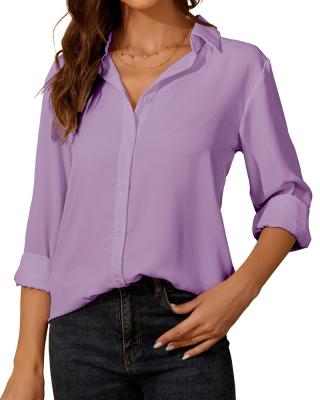 China Women's Breathable Button Down Long Shirt Classic Purple Sleeve Collared Tops Work Office Chiffon Blouse for sale