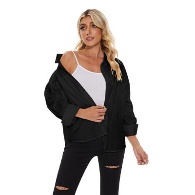 China Breathable Button Down Turn-Down Shirt Modern Women's Black Blouse Long Sleeves for sale