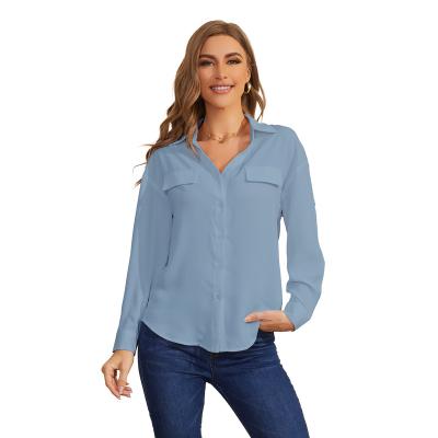 China High Quality Fashion Breathable Elegant Clothing Office Blouse Formal Blue Long Tops For Women for sale