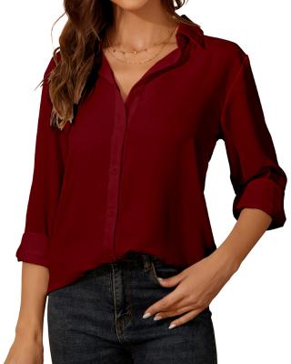 China Wine Red Women's Breathable Button Down Shirt Blue Classic Long Sleeve Collared Tops Work Office Chiffon Blouse for sale