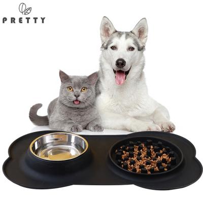 China Amazon Viable Hot Sales Slow Feeder Dog Wheels Large Double Bowl Silicone+stainless Steel Slow Dog Bone Silicone Feeder For Dogs for sale