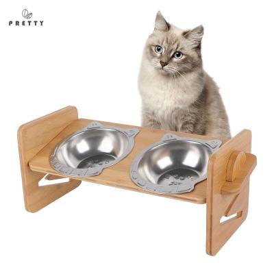 China High Quality Dog Bowls Stand 18/8 Adjustable Wholesale Viable Bamboo Pet Bowl Stan Pets Stainless Steel Cat Feeder for sale