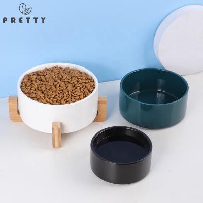 China Sustainable Ceramic Cat Food Feeder With Wooden Stand Dog Bowl Dish For Puppy No Spill Pet Food Water Feeder For Cats Small Dogs for sale