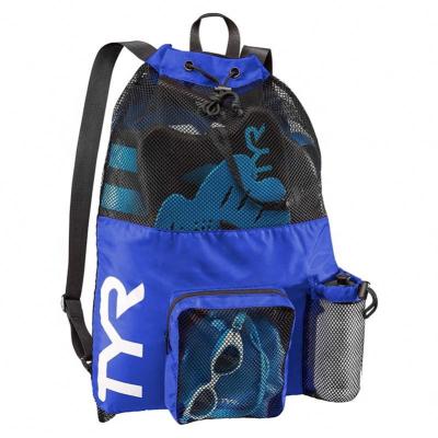 China Large Colorful Waterproof Folding Drawstring Backpack Pouch Swimming Blue 210D Mesh Drawstring Backpack For Teens for sale