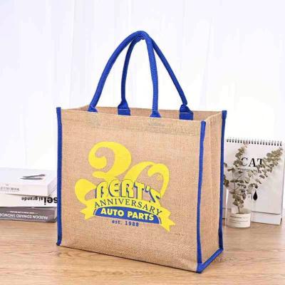 China Custom Eco Jute Fabric Logo Two Tones Jute Burlap Grocery Jute Shopping Bag PE Coating Jute Waterproof Bag for sale