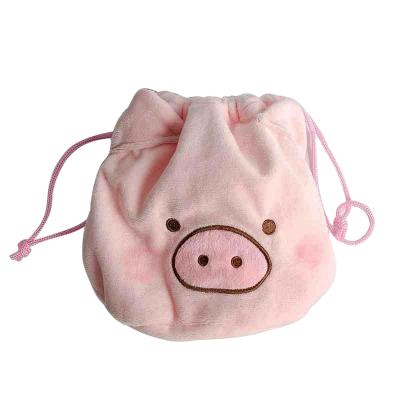 China Embroidery Collapsible Pink Soft Drawstring Pig Shape Novelty Makeup Cosmetic Bag for sale