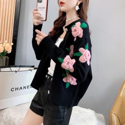 China Rose sweater coat breathable cardigan hand knitted sweater 2021 autumn new temperament with western style jacket wholesale for sale