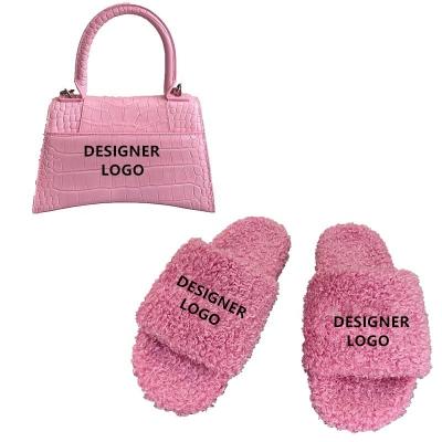 China Fashion Trend Designer Summer Color Famous Brand Fuzzy Slippers Fluffy Open Toe Slides Slippers And Handbags Purses Shoes Set For Woman for sale