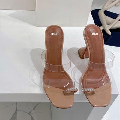 China Guangzhou Fashion Slippers 9.5cm Famous Sexy Transparent Luxury Breathable Woman TPU Genuine Leather Shoes Adjust Nude Heels Sandals for sale