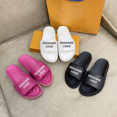 China Fashion Trend Soft PU Leather Letters Printed Famous Brand Designer Ladies Shoes Designer Slippers Women Summer Luxury Flat Slide Shoes In Colors for sale