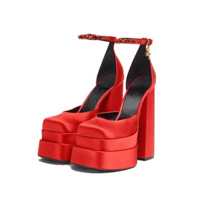 China Designer Luxury Waterproof Satin Block Sandals Lady Pumps Shoes Sexy Party Dance Shoes Rhinestone Nightclub Chunky Platform High Heels for sale