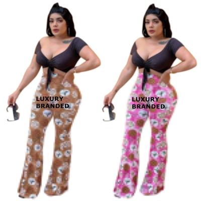 China Breathable Women Clothes Luxury Designer Low V-Neck Cut Out Sexy Two Piece Top Outfits Set Bell-Bottom Pants Summer Shorts T-Shirt Set for sale