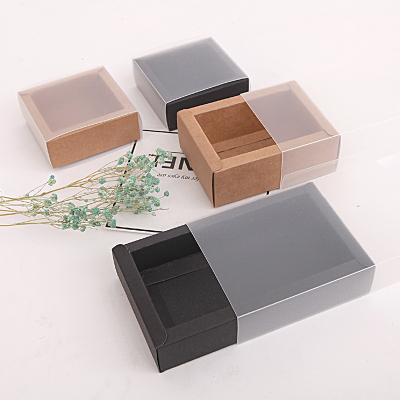 China Recyclable Custom Transparent Clear Frosted Brown PVC Sleeve Slip Box Kraft Paper Drawer Boxes With Clear Window for sale