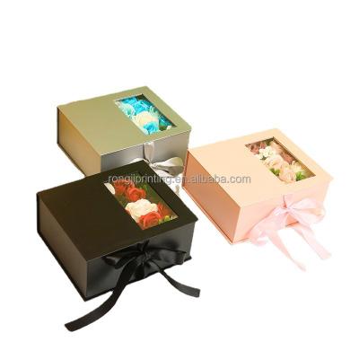 China Recyclable Luxury Ribbon Paper Cardboard Clothes Packaging Folding Gift Box With Clear Window for sale