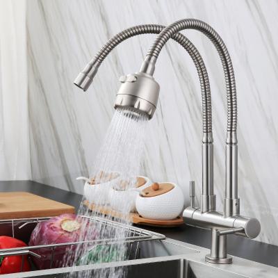 China 304 Stainless Steel Single Tap Double Hose Kitchen Sink Double Outlet Cold Universal Single Rotating Faucet for sale