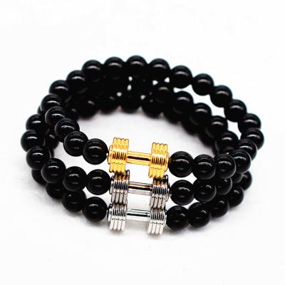 China NEW Matte Agate Stone Beads Crystal Gold Silver Steel 8mm Black Yoga Dumbbell Bracelet Jewelry for sale