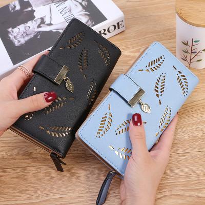 China No Digging Chaobang Fashion Long Clutch Bag Leafs Zipper Sequined Decorative Latch Women Clutch Leather Wallet for sale