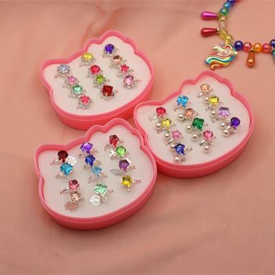 China 12 PCs Set Child Ring Set Gift Box Student Love Box Set Rhinestone Girl's Eco-Friendly Ring Adjustable Princess Ring Jewelry Supplier for sale