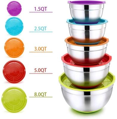 China Sustainable Stainless Steel Nesting Mixing Bowls Set With Silicone Lids For Kitchen Baking Cooking for sale