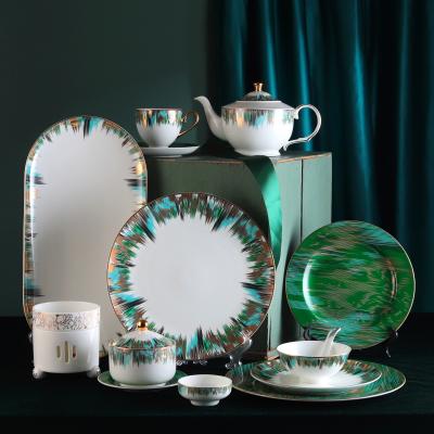 China Artistic Creative Dinner Set Stocked Design Green Bone China Tableware Hotel Restaurant Tableware Tea Set Ceramic Abstract Soup Plate for sale