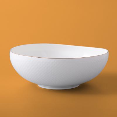 China Sustainable Restaurant Used Household Bone China Large Salad Bowl White Porcleain Bowl With Gold Rim for sale