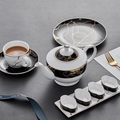 China Wholesale Tea Tableware Kitchen Bone China Charger Dish Luxury Stocked Dinner Set Black White With Gold Rim for sale