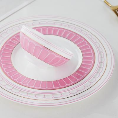 China Stocked Custom Wholesale Elegant Dishes Set Bone China Ceramic Dinner Set Pink Decal Design Dinnerware Set For Party for sale